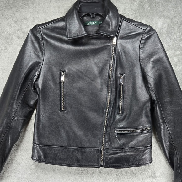 Lauren Ralph Lauren Womens Black Leather Moto Biker Jacket Lined Size Small READ - Picture 5 of 10